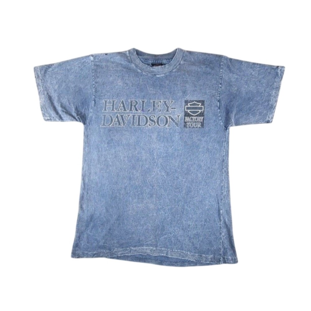 Vntg Harley-Davidson Shirt M Blue Factory Tour York PA Single Stitch Thrashed